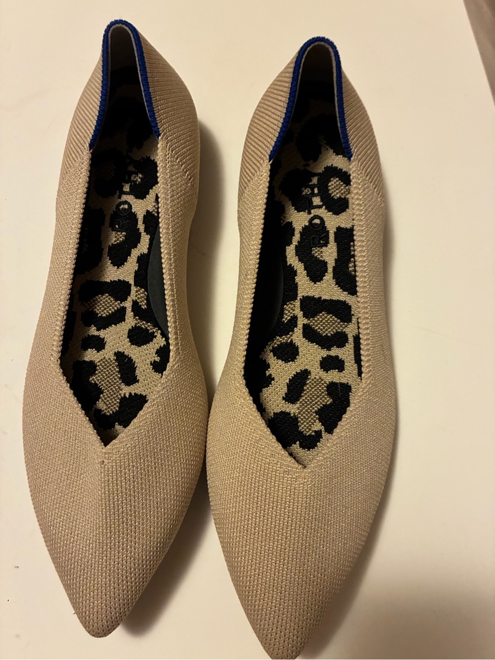 Rothy's Pointed Knit Ballet Flats in Beige with Leopard Insole